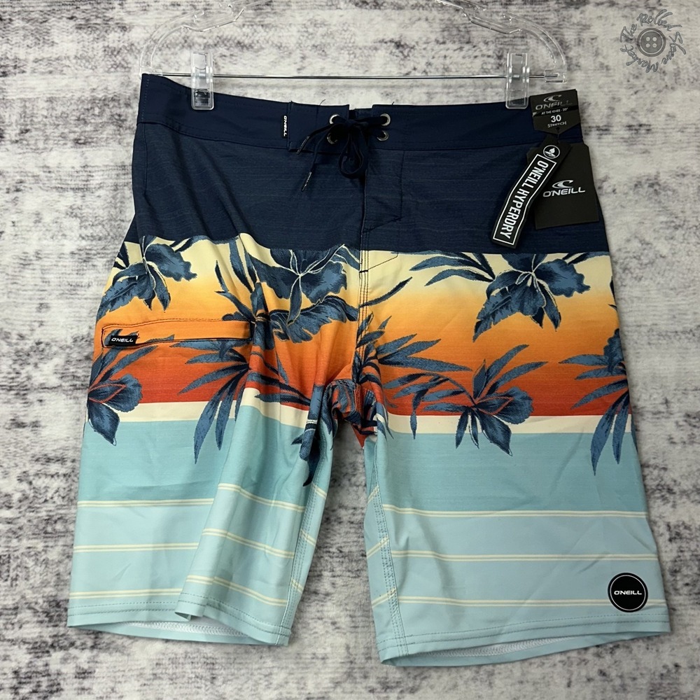 NWT O'Neill Hyperfreak‎ Board Shorts 30 Navy Orange Blue Knee Length 20" Stretch